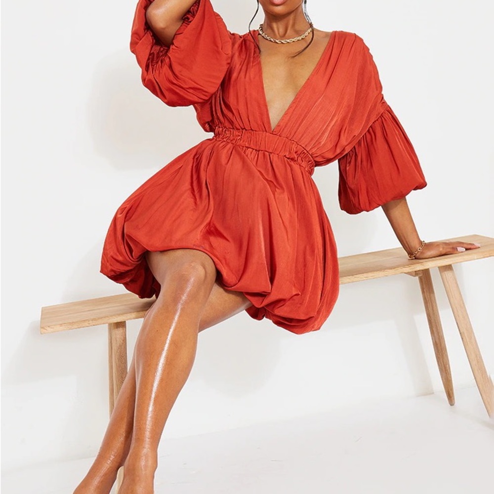 Terracotta Puff Sleeve Puffball Hem Shift Dress